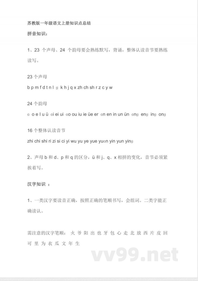 小学语文知识点-苏教版一年级语文上册知识点总结