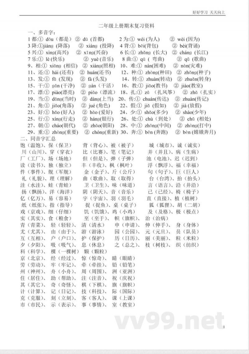 人教版二年级上册语文复习知识点
