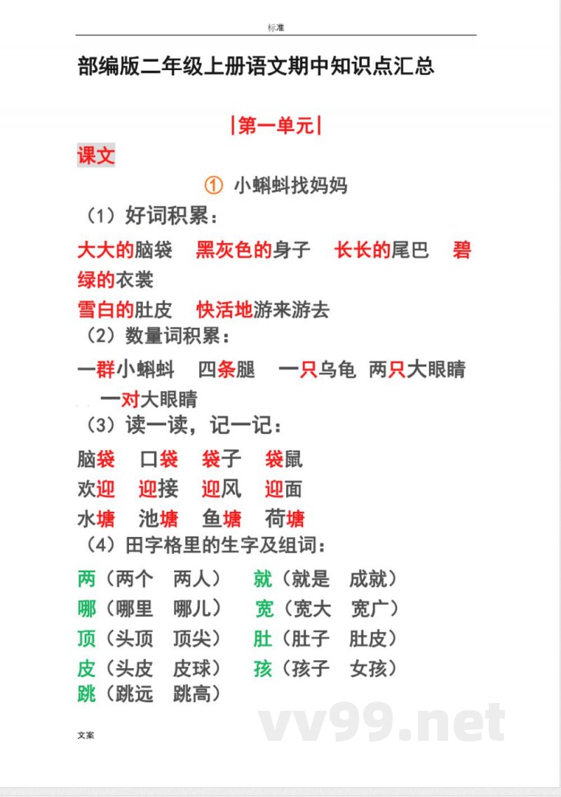 部编版二年级上册语文期末知识点汇总情况