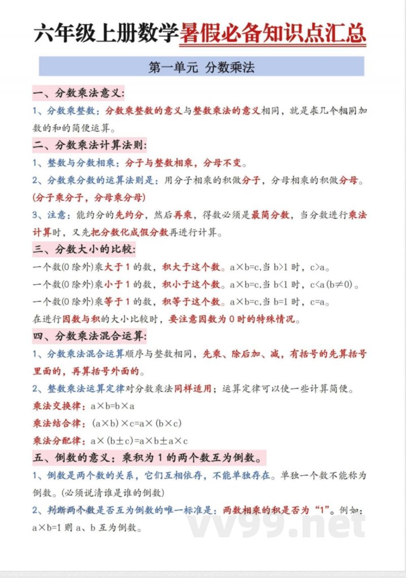 六年级（上）数学知识点汇总《人教版》