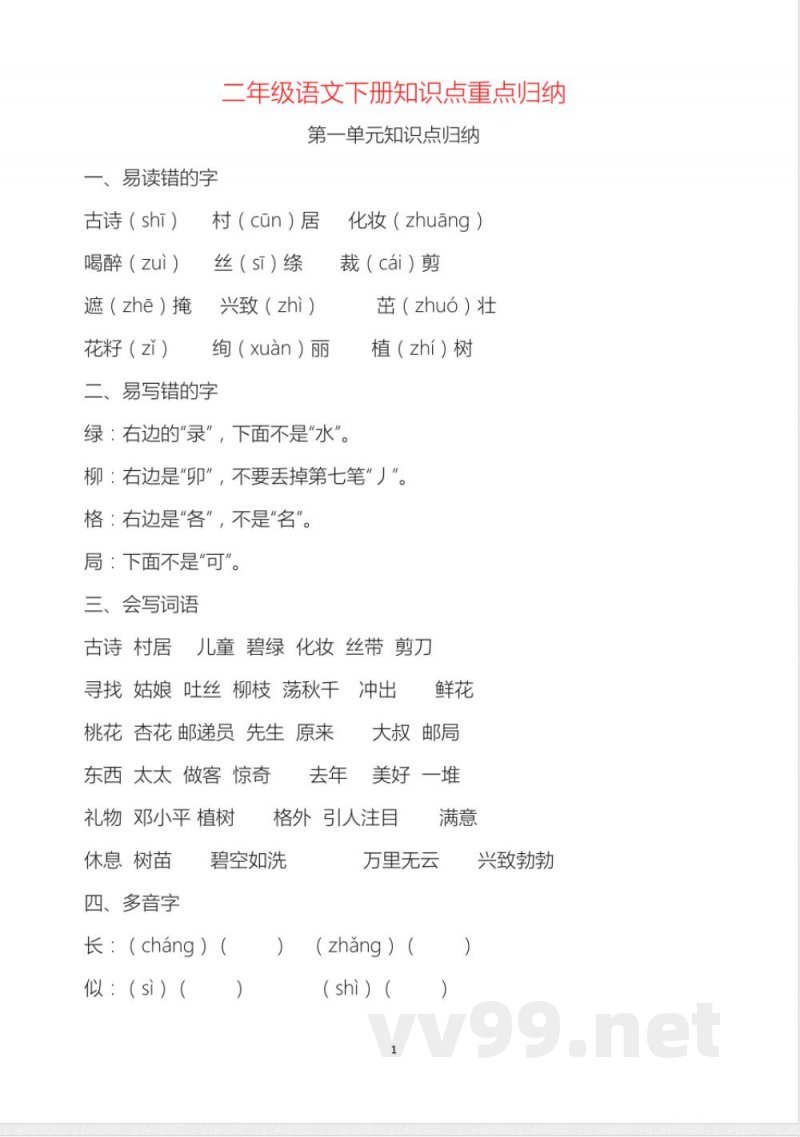 人教版二年级下册语文知识点归纳 人教版二年级下册语文知识点归纳