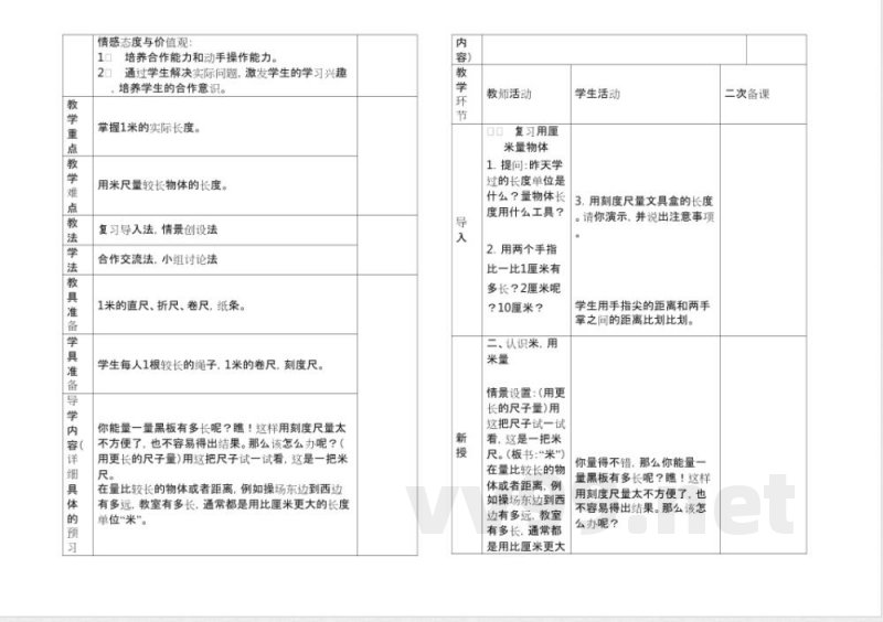 人教版二年级数学下册全册知识点教案（表格版）