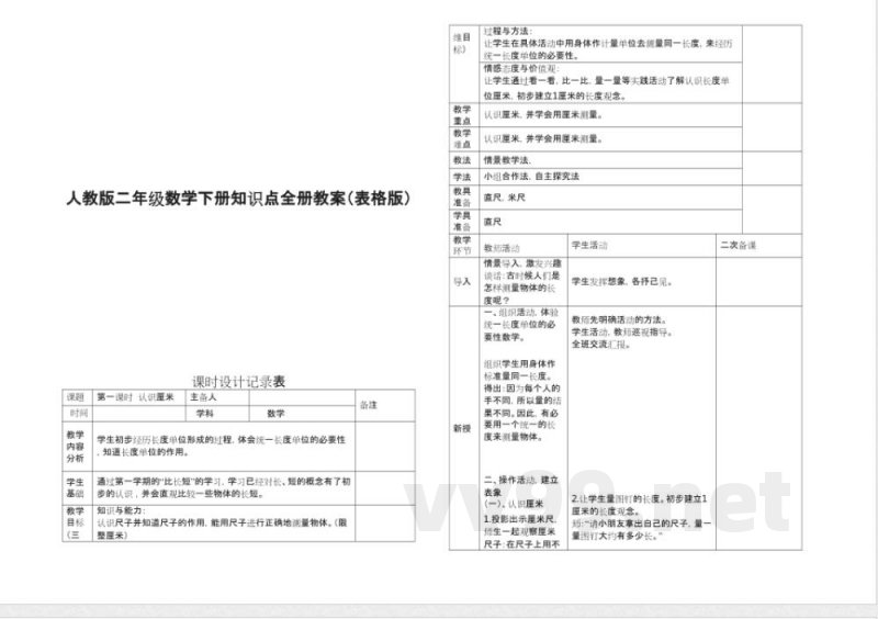 人教版二年级数学下册知识点全册教案（表格版）