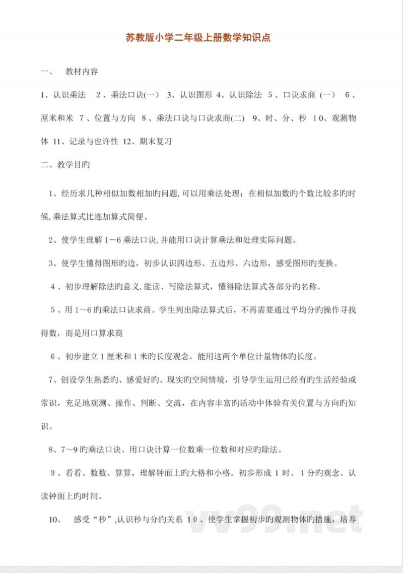 2023年数学苏教版二年级上册知识点