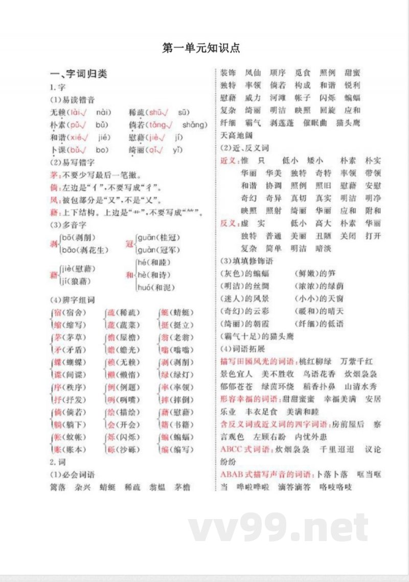 语文四年级下册各单元知识点总结(部编版) 语文四年级下册各单元知识点总结(部编版)