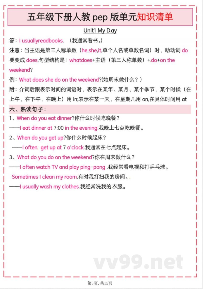 2025人教pep版（五年级下册英语）单元知识清单