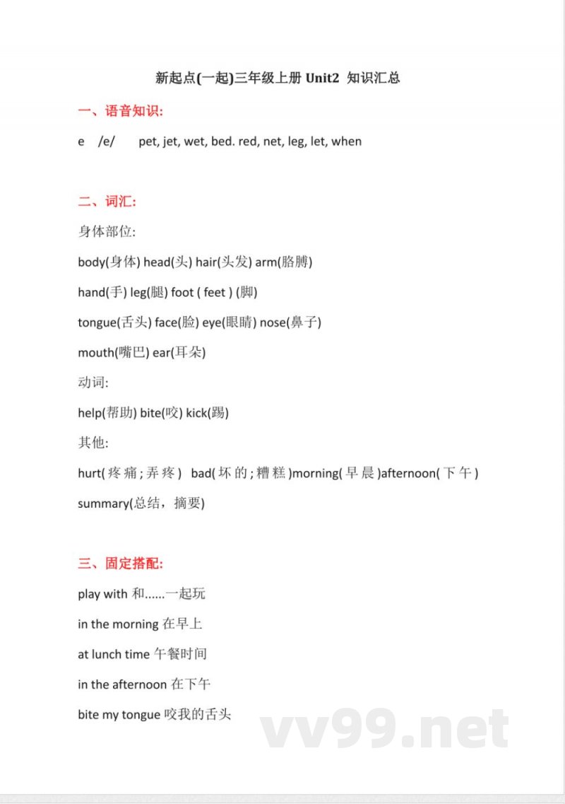 人教新起点英语小学三年级上册Unit2知识点汇总