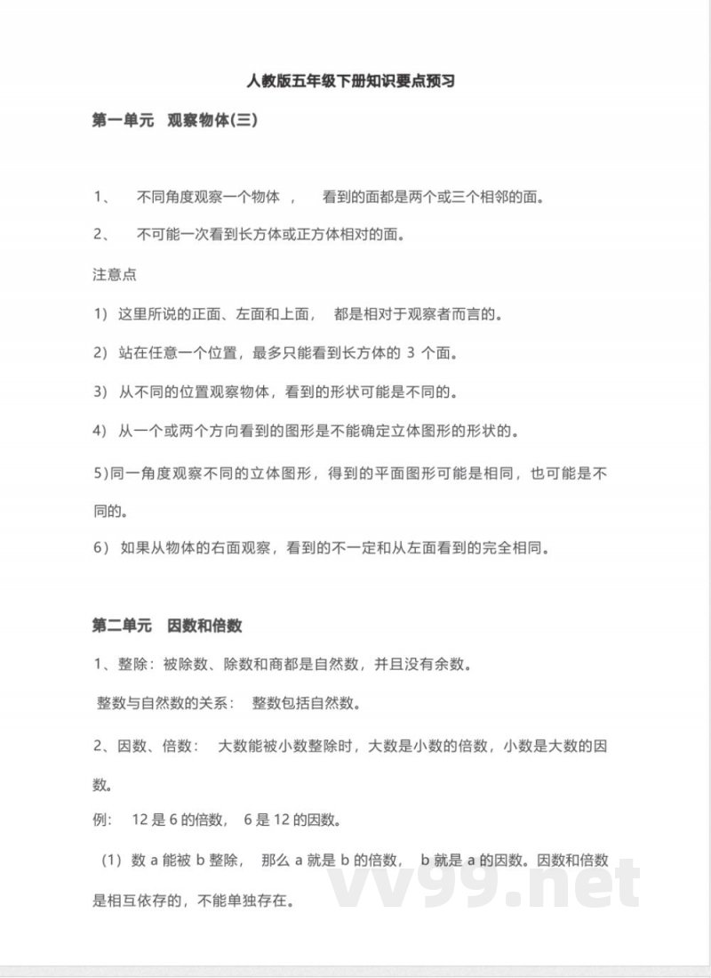 五年级下册数学人教版知识要点汇总 五年级下册数学人教版知识要点汇总