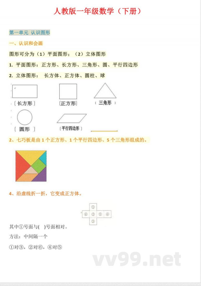 人教版一年级数学(下册)知识点 人教版一年级数学(下册)知识点