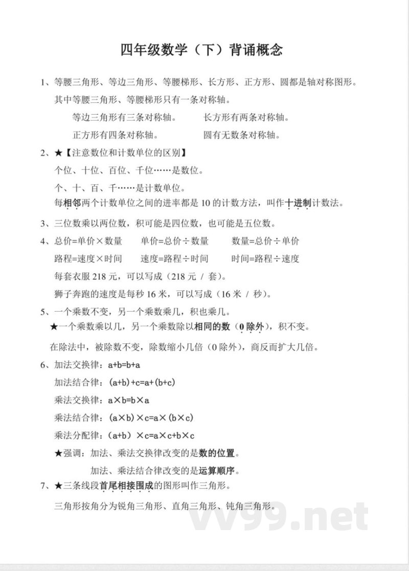 苏教版四年级数学下册背诵概念_小学四年级 苏教版四年级数学下册背诵概念_小学四年级