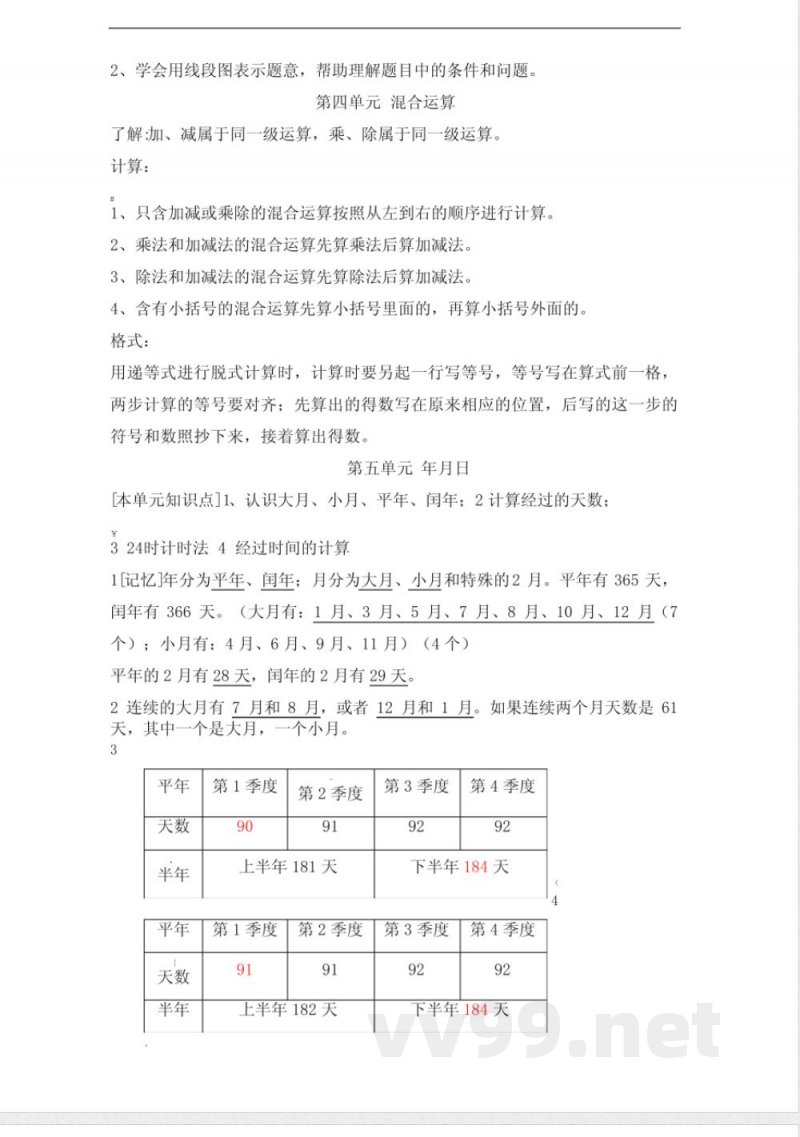 苏教版三年级数学下册各单元知识点和要点汇总