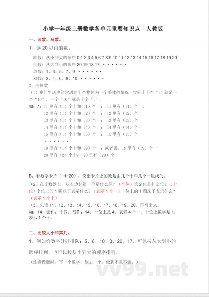 人教版小学一年级上册数学各单元重要知识点