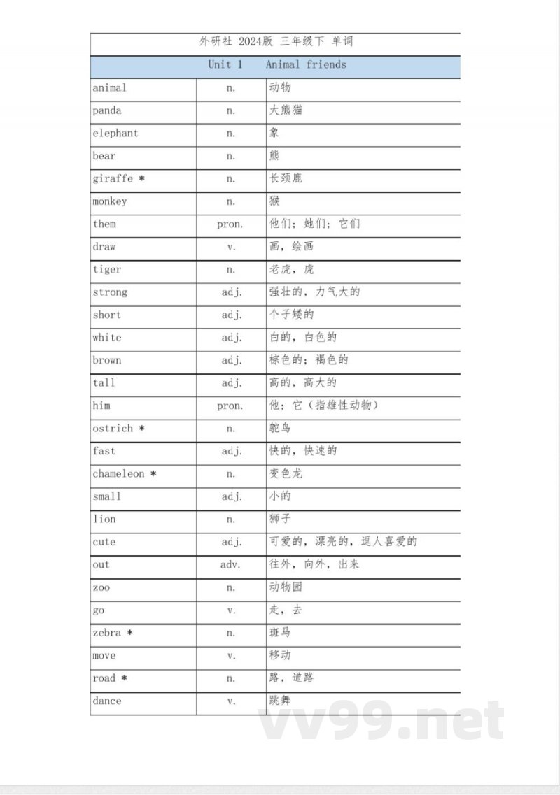 外研版(2024版)小学英语三年级下册单词 外研版(2024版)小学英语三年级下册单词