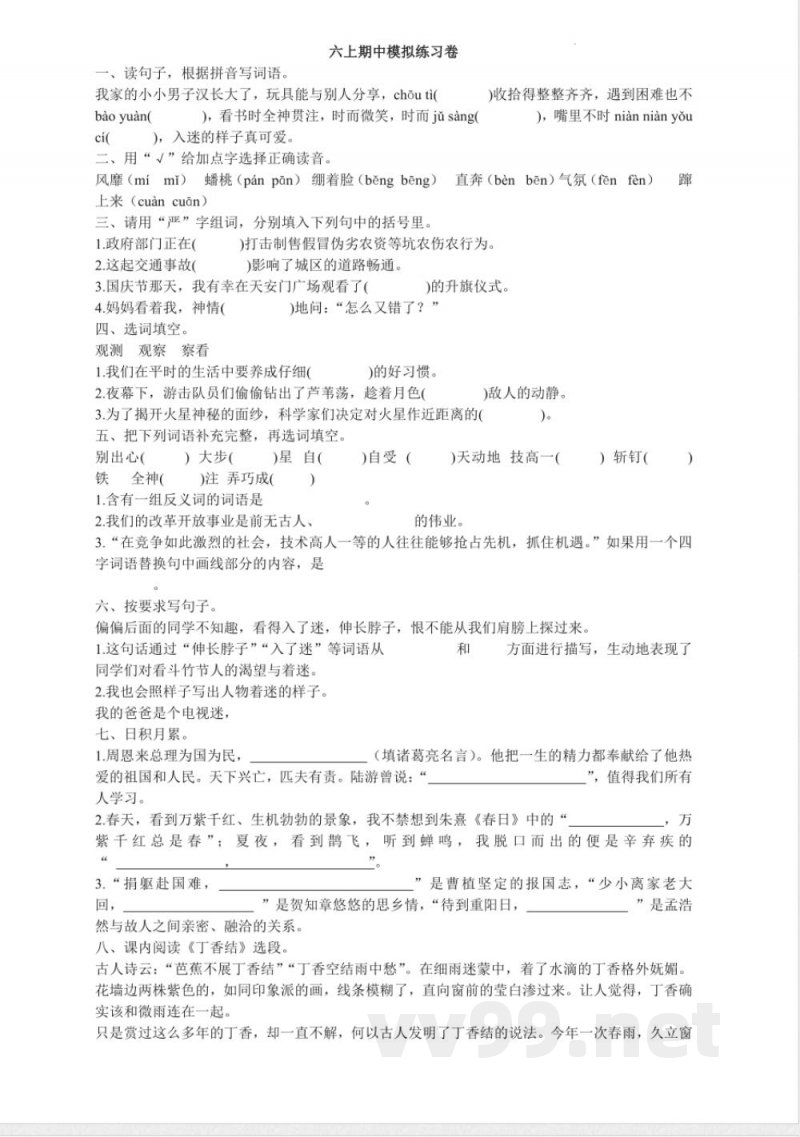 统编版语文六年级上册期中模拟练习卷（试题）