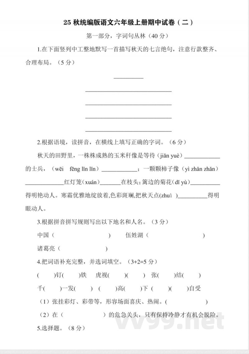 25秋统编版语文六年级上册期中试卷（二）