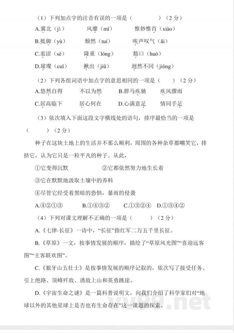 25秋统编版语文六年级上册期中试卷（二）