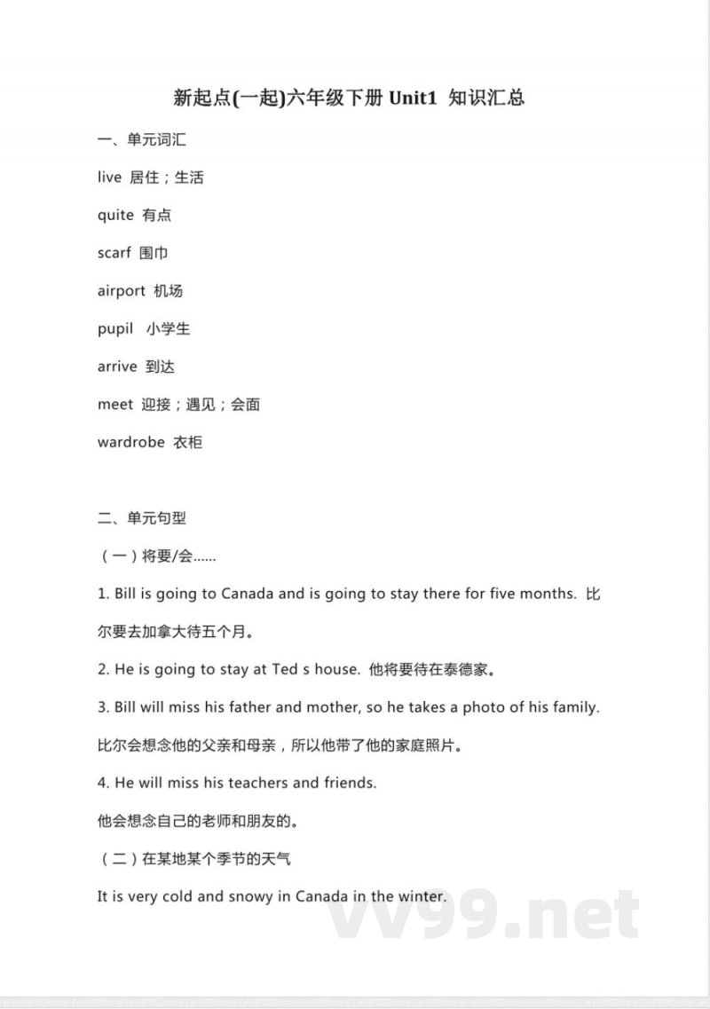 人教新起点英语六年级下册Unit1知识点汇总