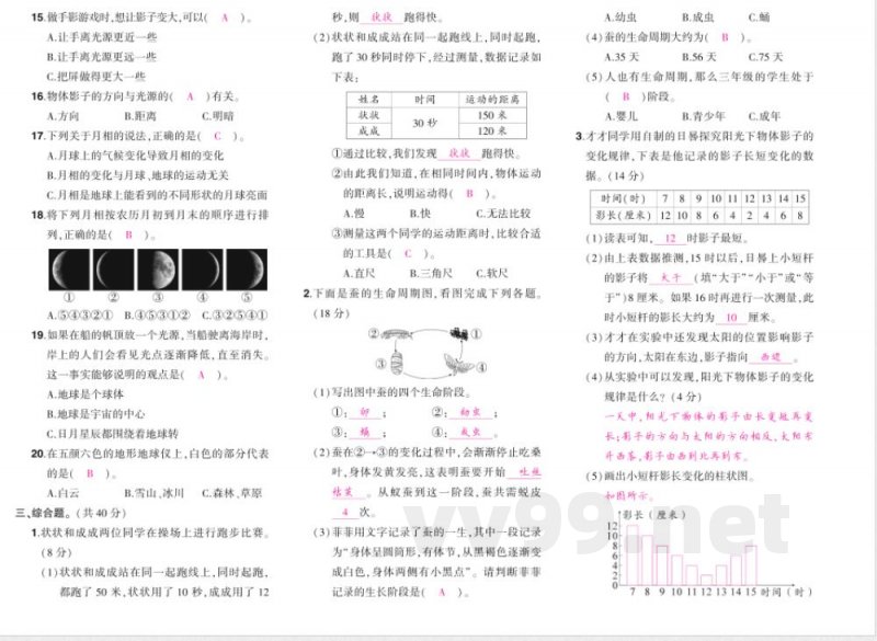 科学三年级下册（教科版）期末综合练习（含答案）