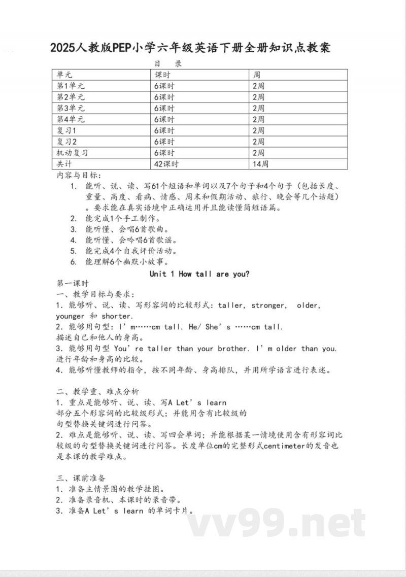 2025人教版PEP小学六年级英语下册全册知识点教案