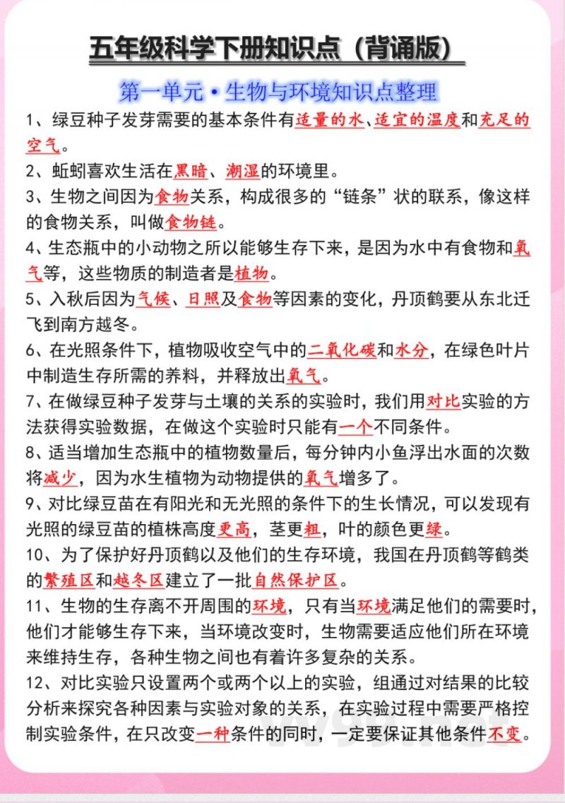 五年级科学下册教科版知识点背诵版8页 五年级科学下册教科版知识点背诵版8页