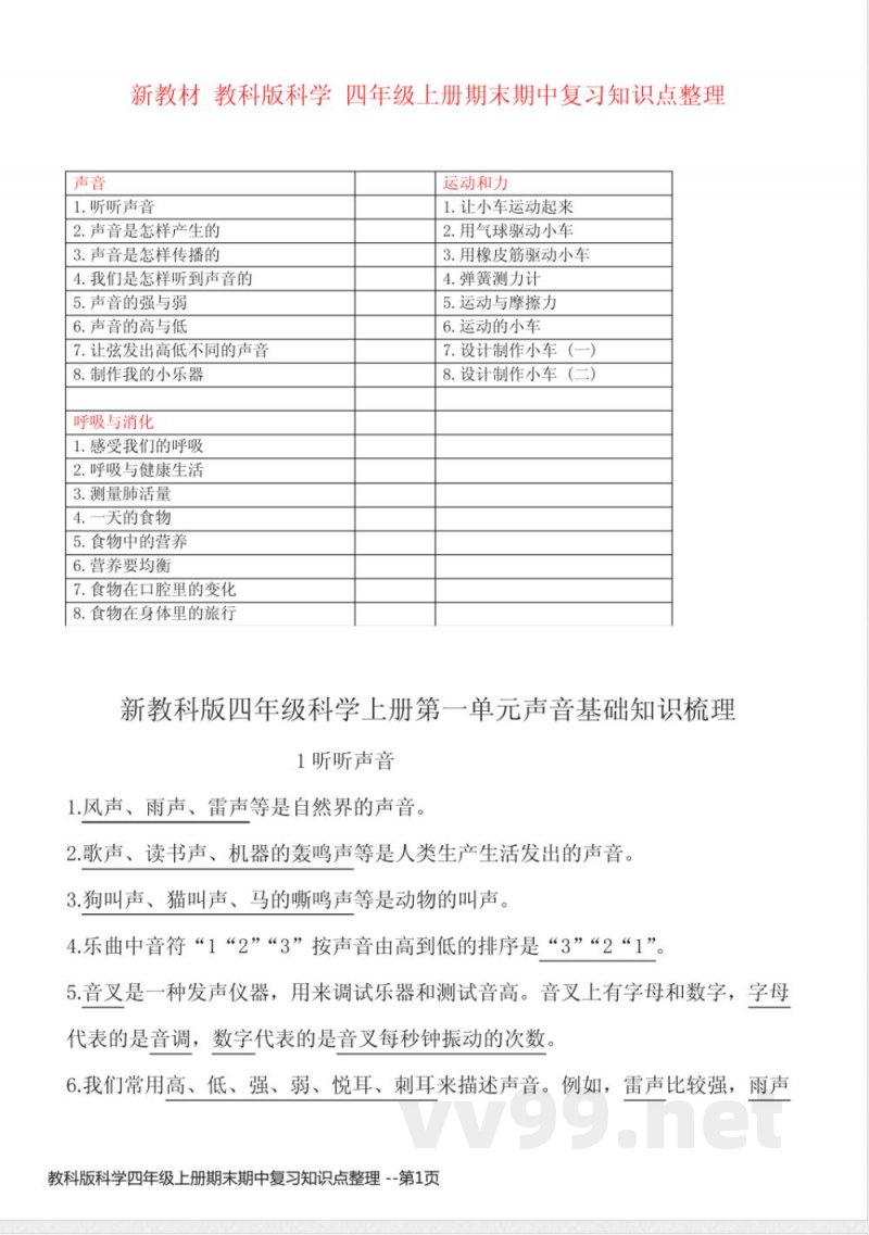 教科版科学四年级上册期末期中复习知识点整理