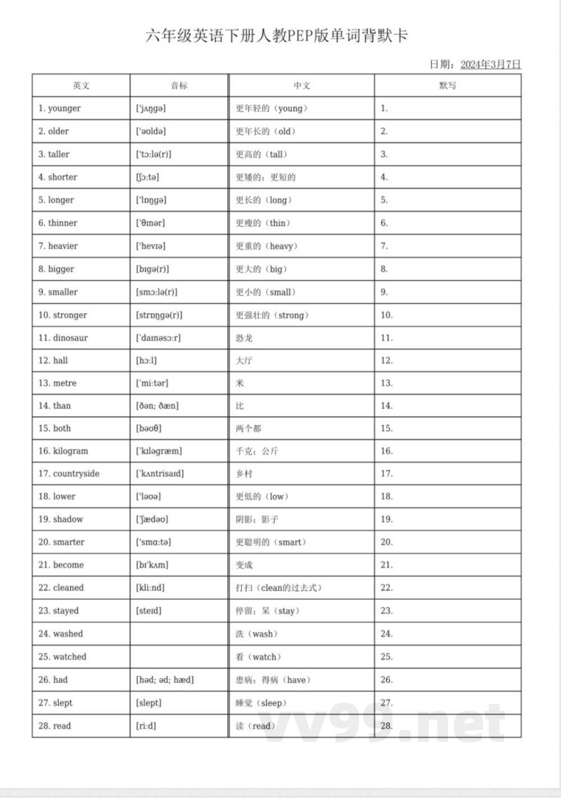 六年级英语下册人教PEP版单词默背卡