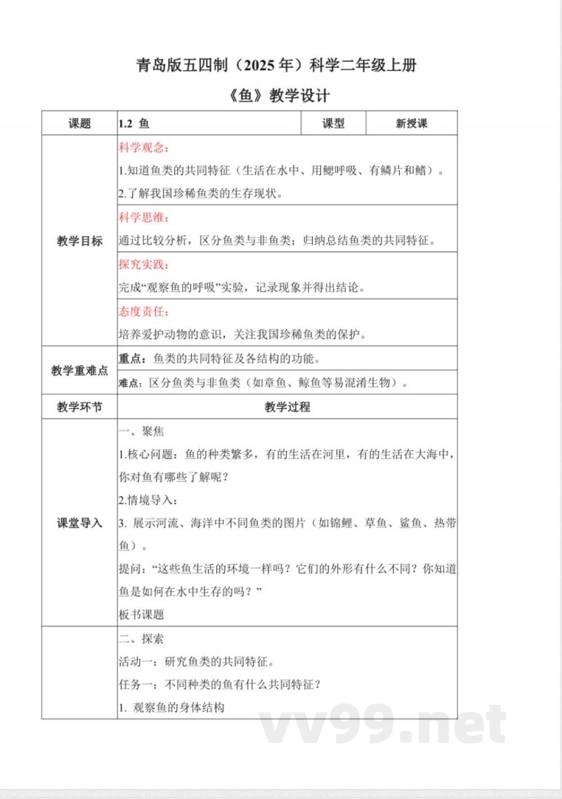 1.2 鱼(教学设计) 2025青岛版科学三年级上册 1.2 鱼(教学设计) 2025青岛版科学三年级上册