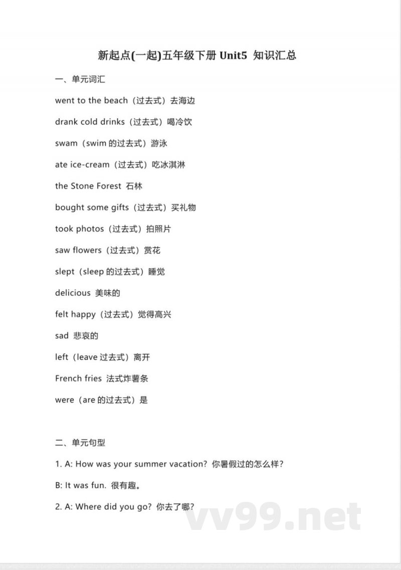 人教新起点英语五年级下册Unit5知识点汇总