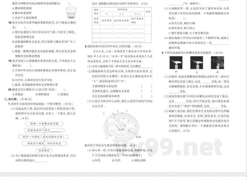 科学六年级下册（教科版）期末综合练习（含答案）