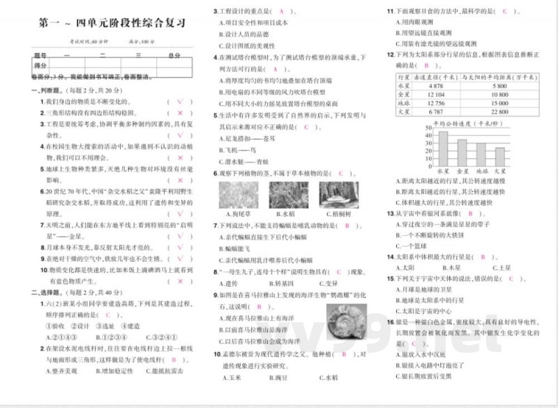 科学六年级下册（教科版）期末综合练习（含答案）