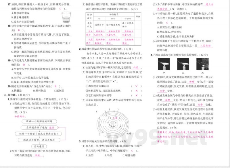 科学六年级下册（教科版）期末综合练习（含答案）
