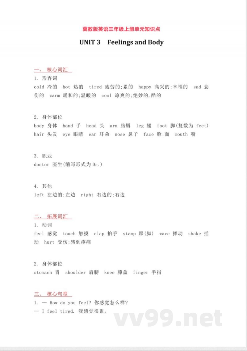 冀教版英语三年级上册Unit3单元知识点