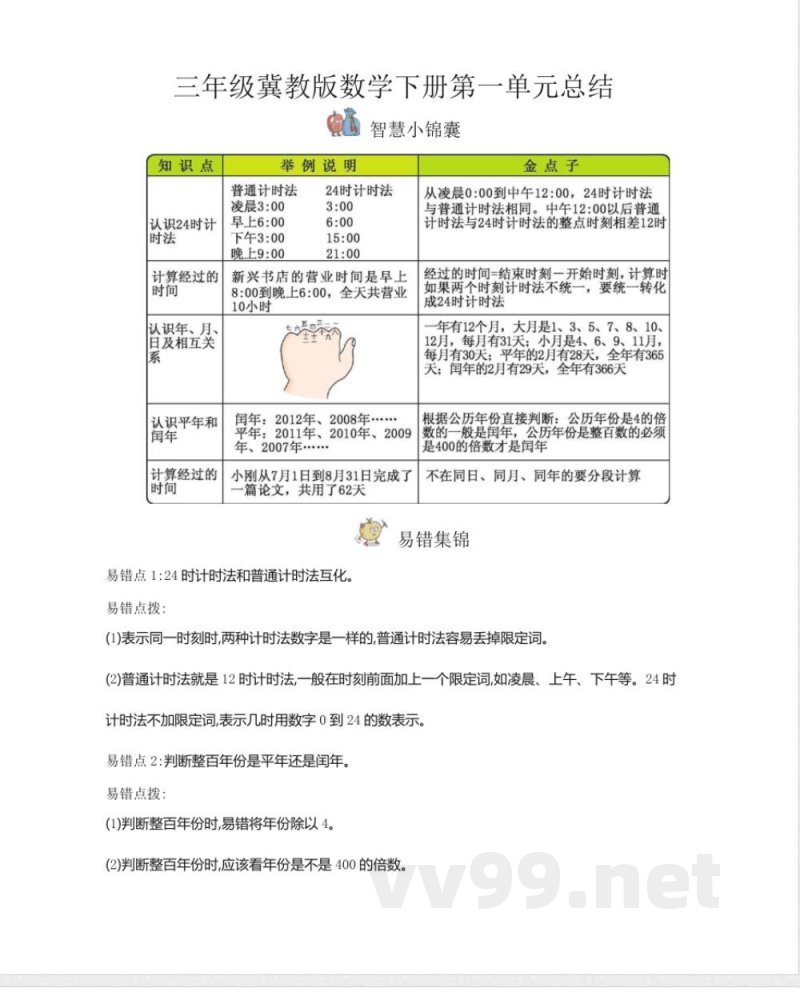 三年级（下册）冀教版数学全册重点知识点汇总
