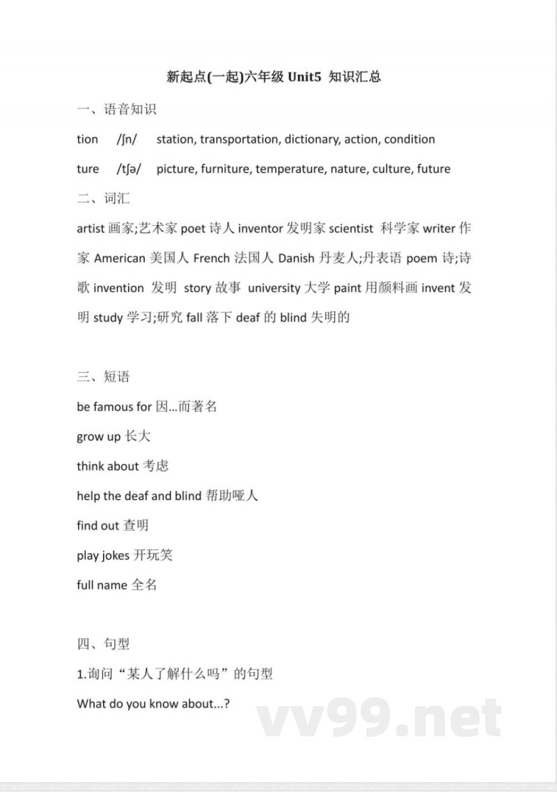 人教新起点英语六年级上册Unit5知识点汇总