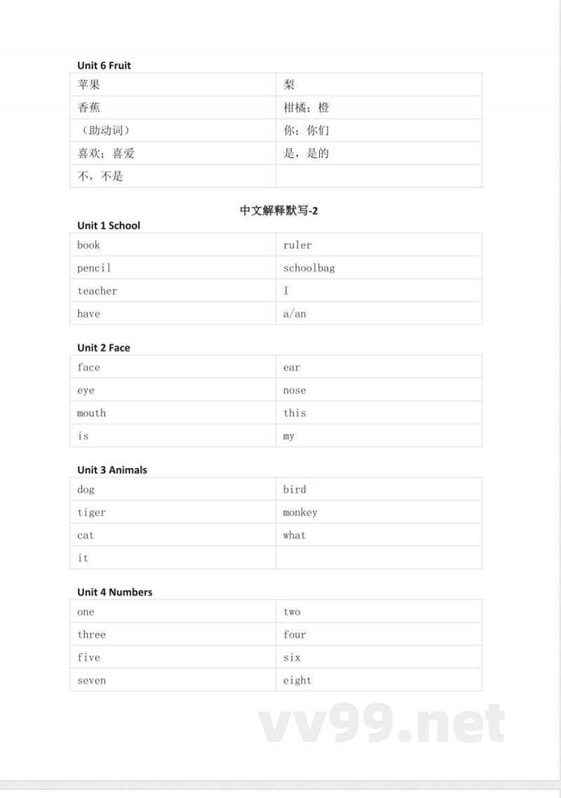 人教新起点版小学英语一年级上册单词默写