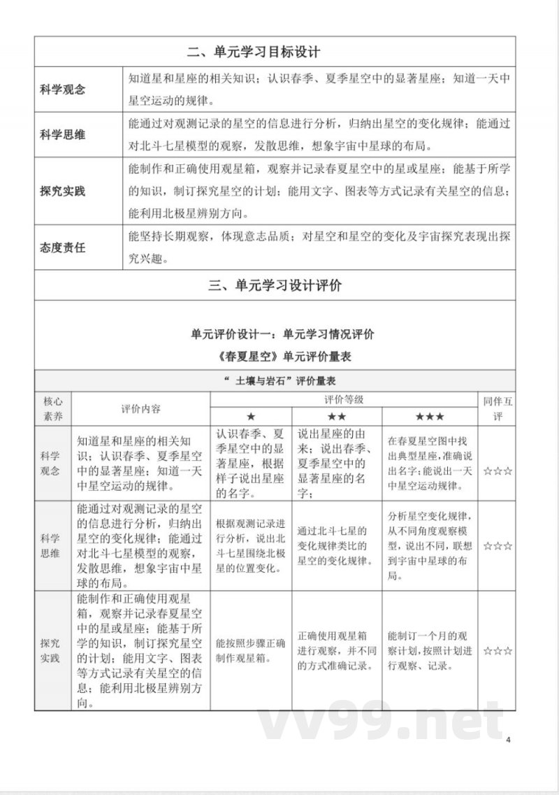 青岛版五年级科学下册第三单元春夏星空大单元教学设计