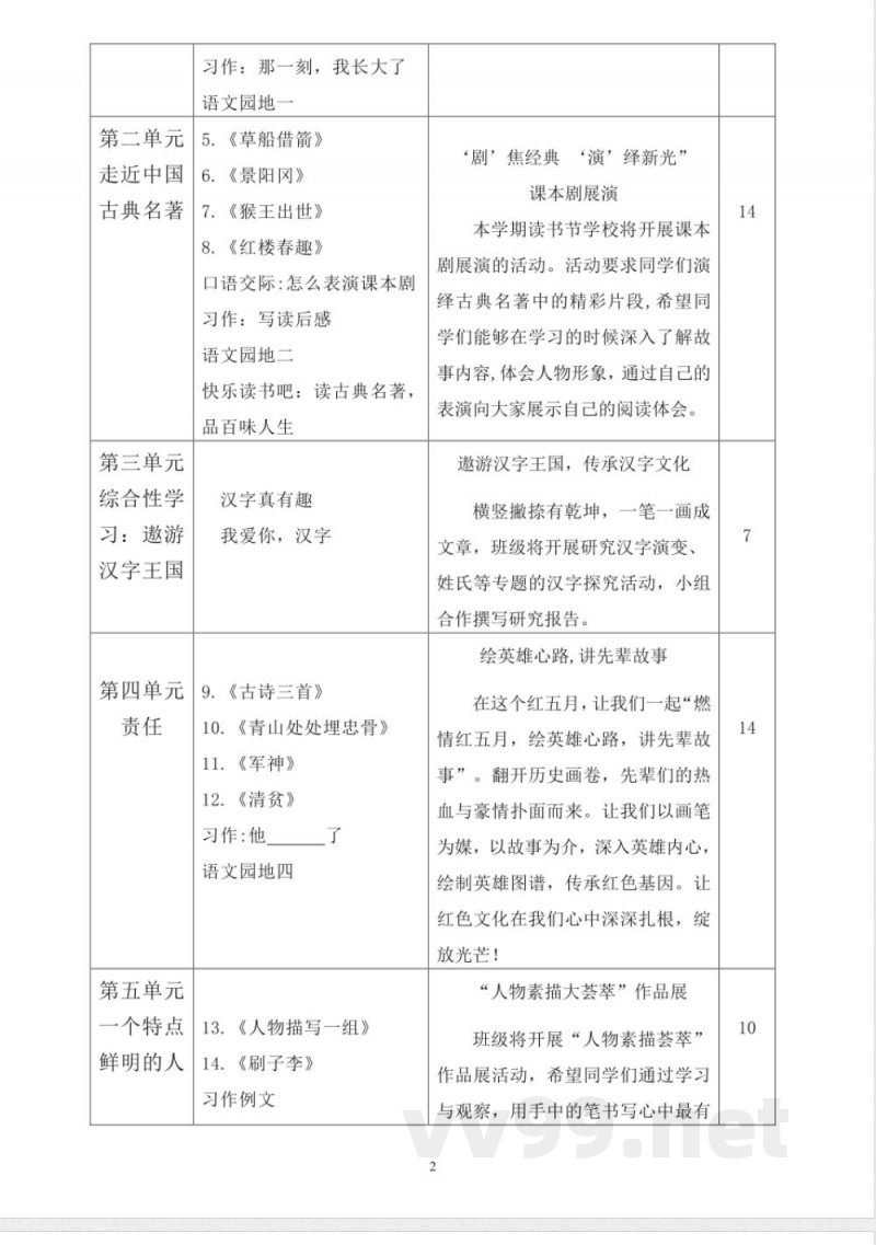 统编版小学语文五年级下册课程纲要