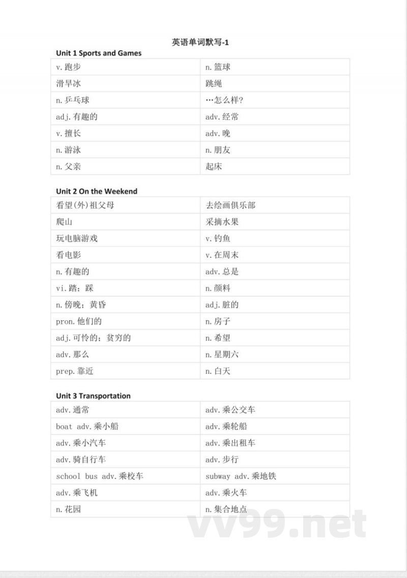 人教新起点版小学英语四年级上册单词默写