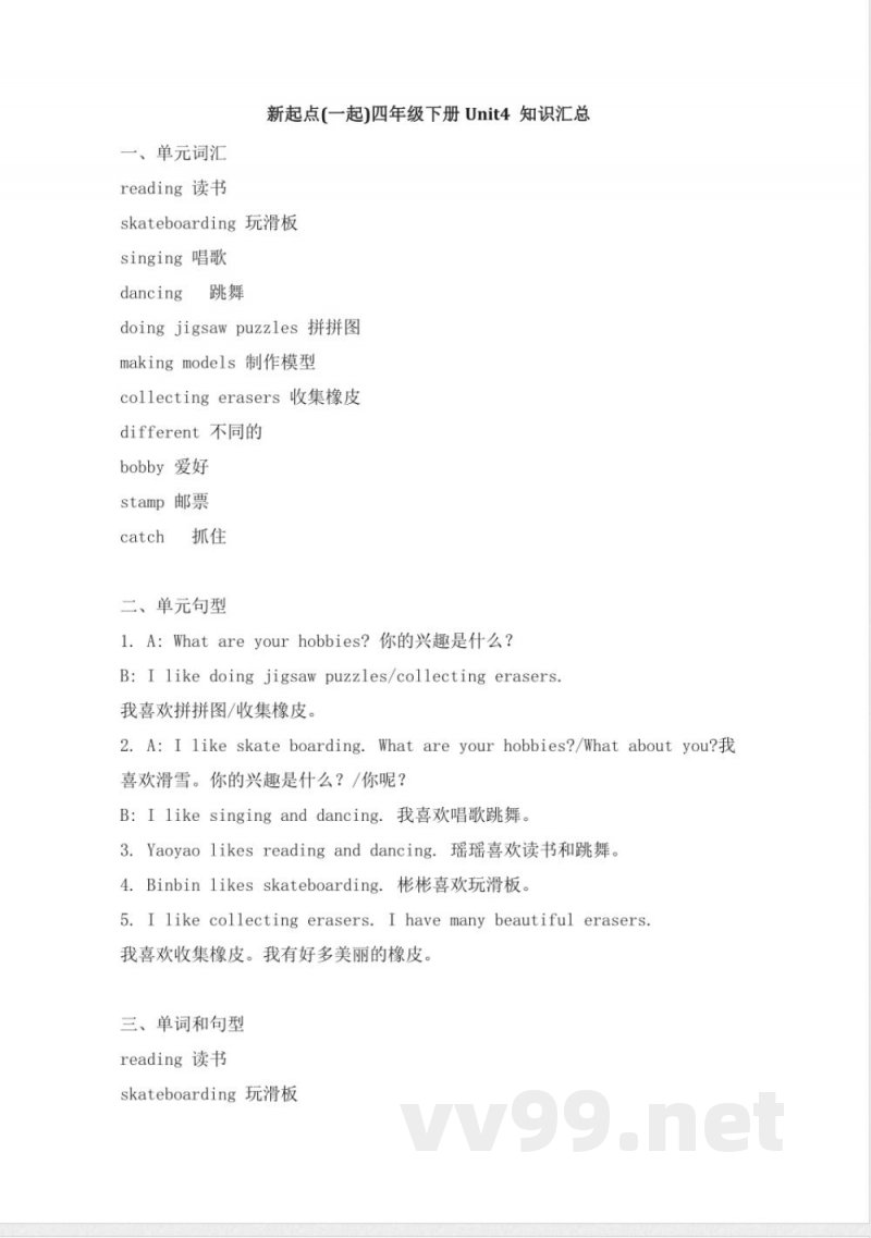 人教新起点英语四年级下册Unit4知识点汇总