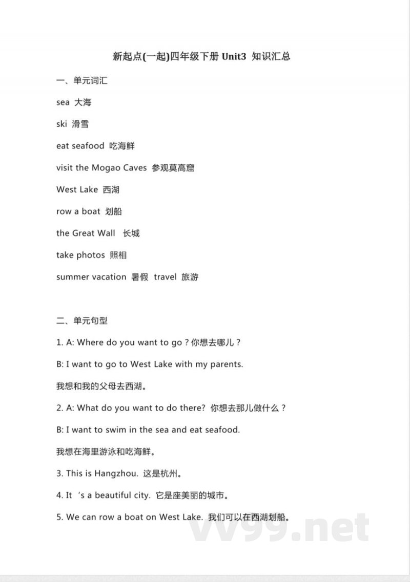 人教新起点英语四年级下册Unit3知识点汇总