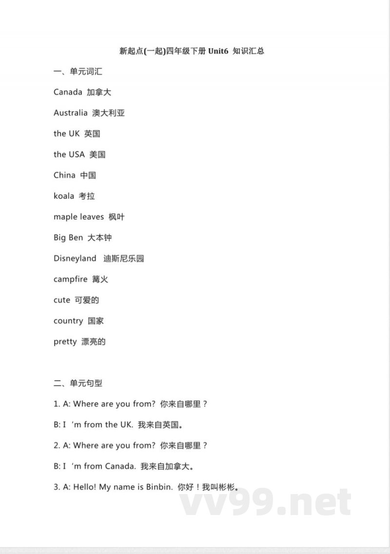 人教新起点英语四年级下册Unit6知识点汇总