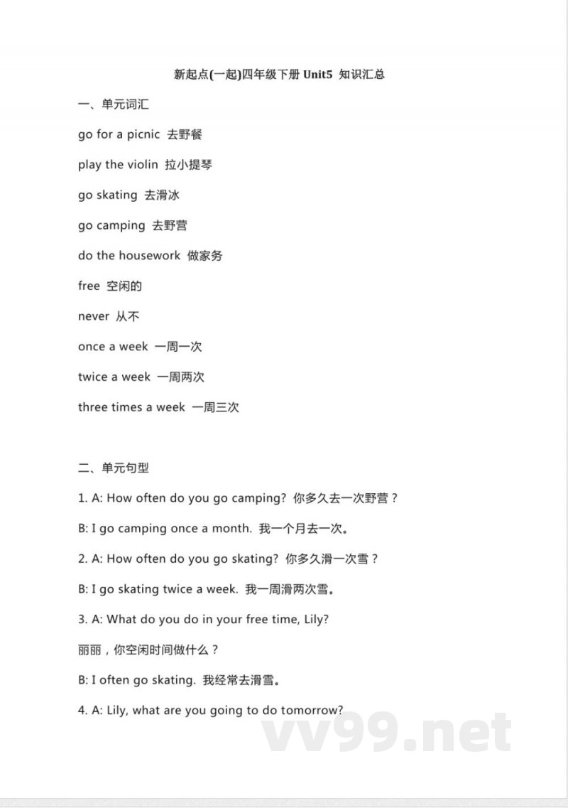 人教新起点英语四年级下册Unit5知识点汇总