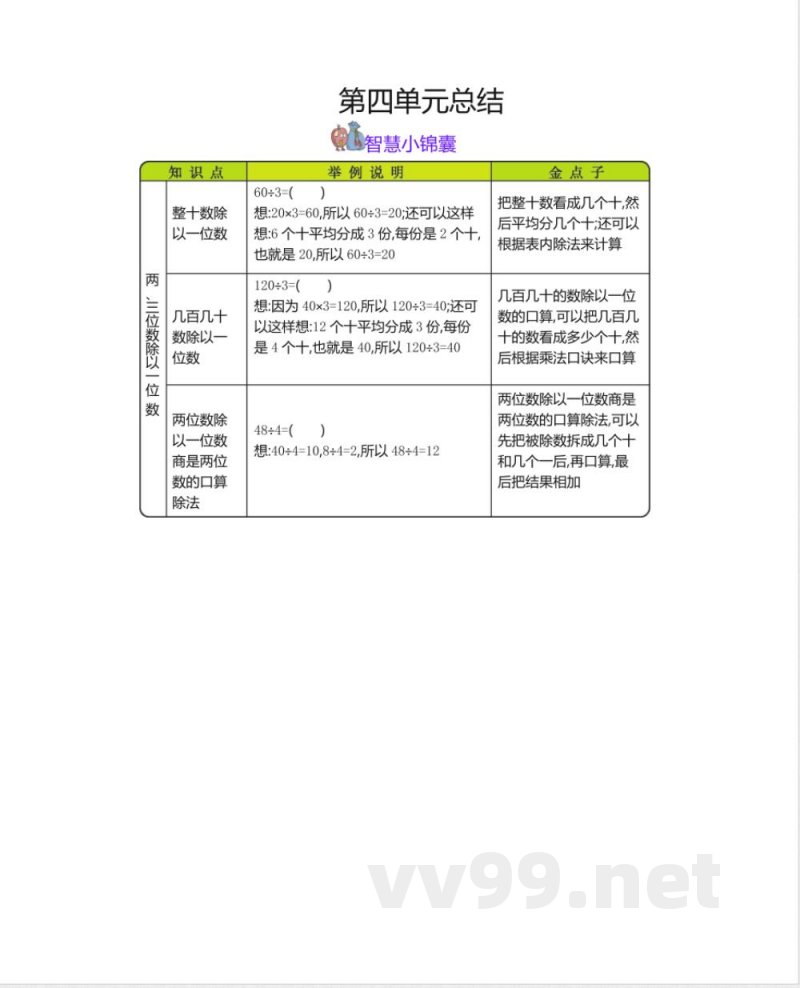 冀教版三年级上册数学总复习