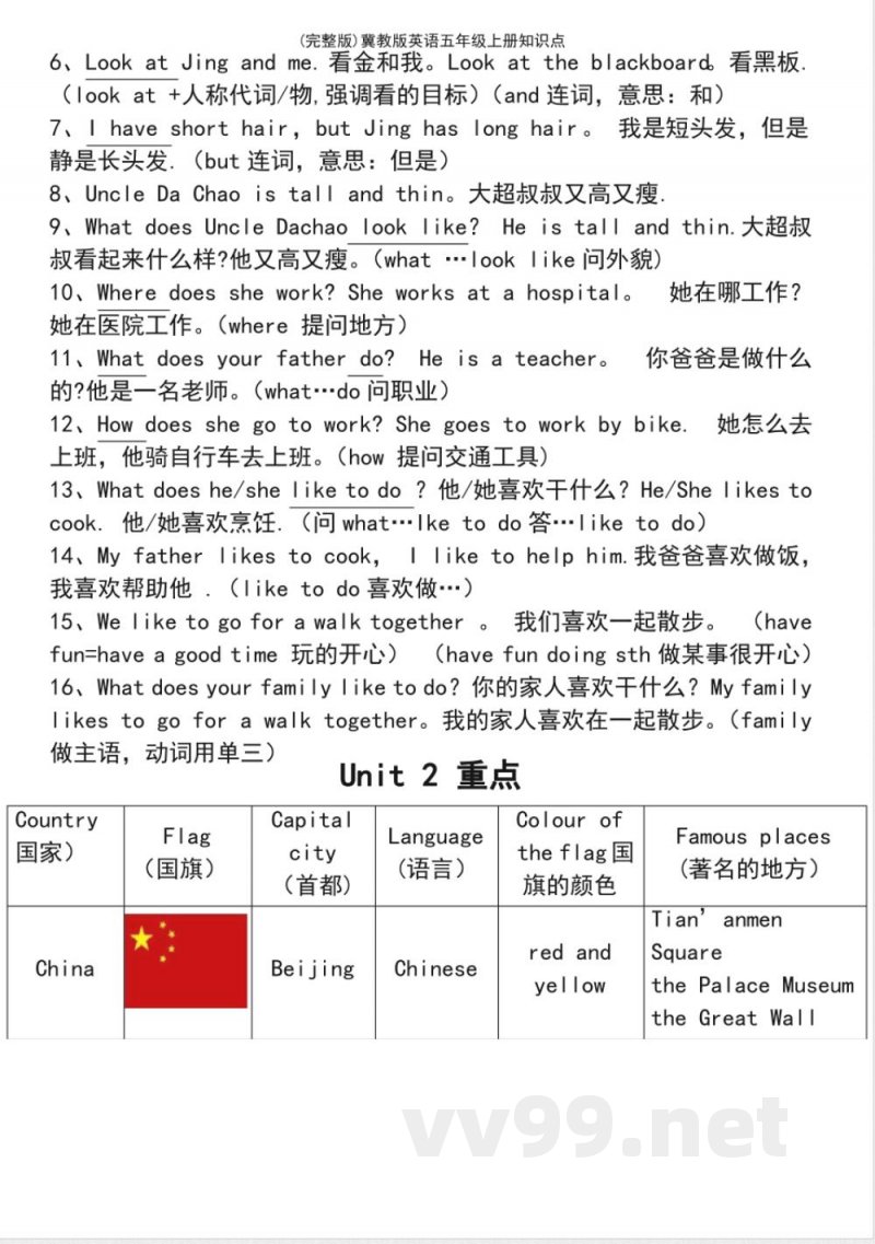 冀教版英语五年级上册知识点