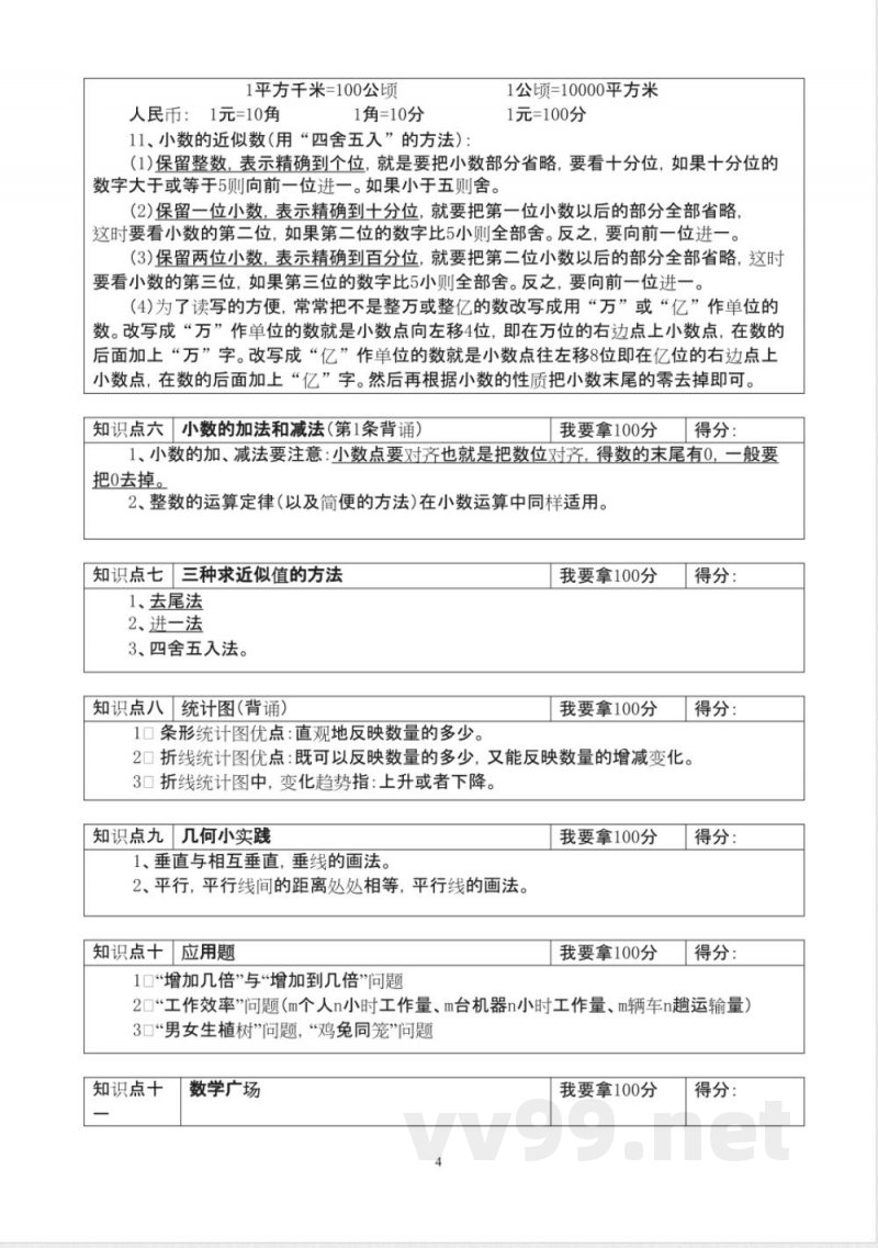 沪教版小学数学四年级下册知识点总复习