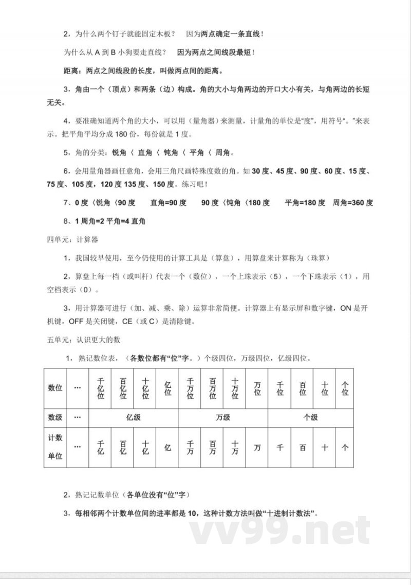 小学数学知识点-冀教版数学四年级上知识点