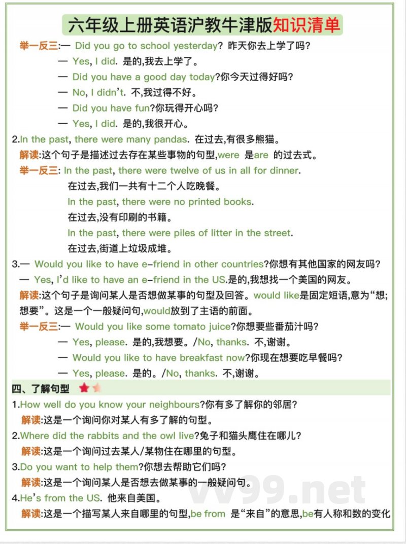 六年级上册英语沪教牛津版知识清单