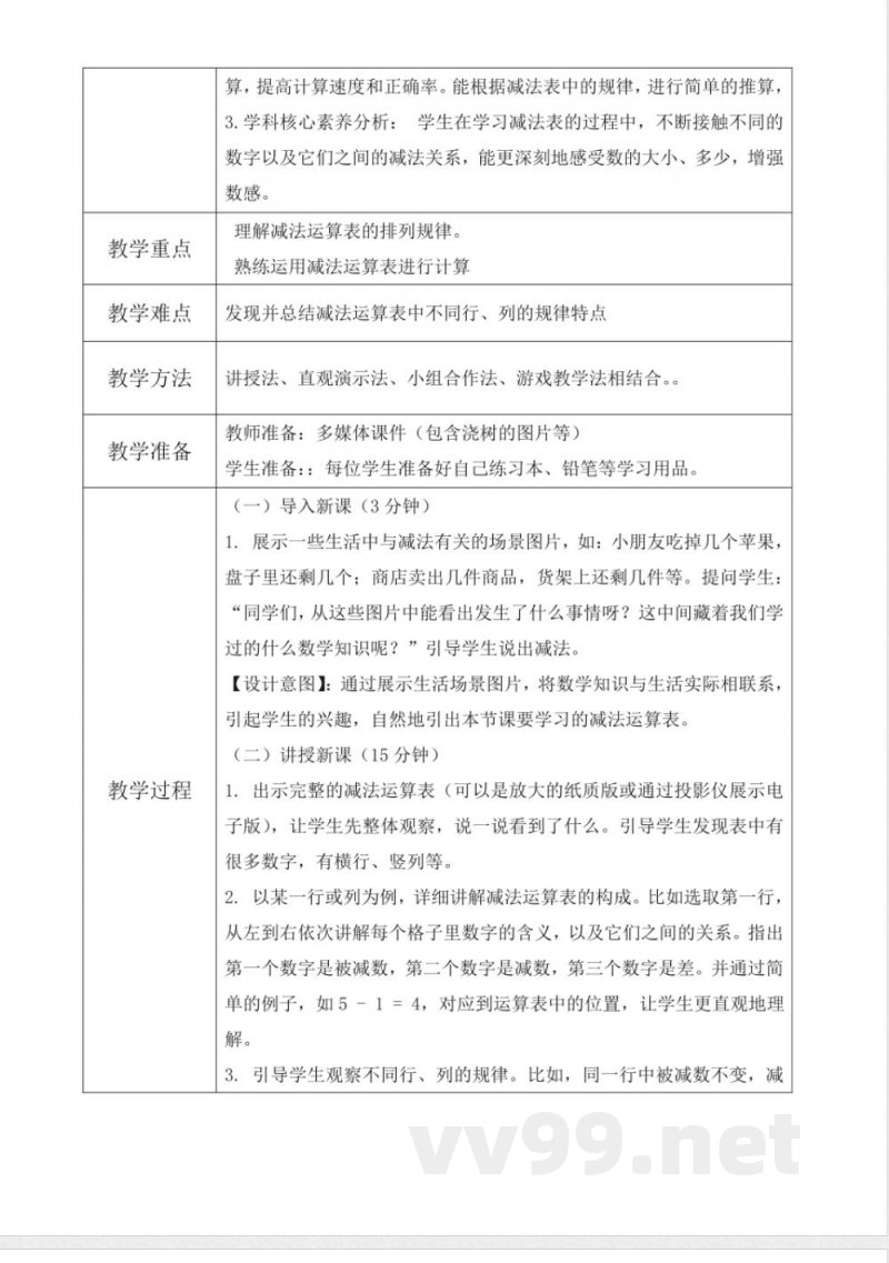 西师大版一年级下册数学1.4《减法表》教学设计
