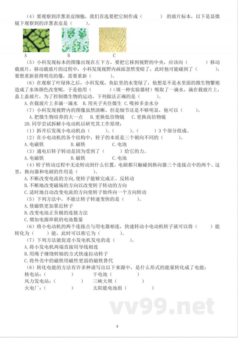 小学科学教科版六年级上册期末测试题3(2021新版,附参考答案)