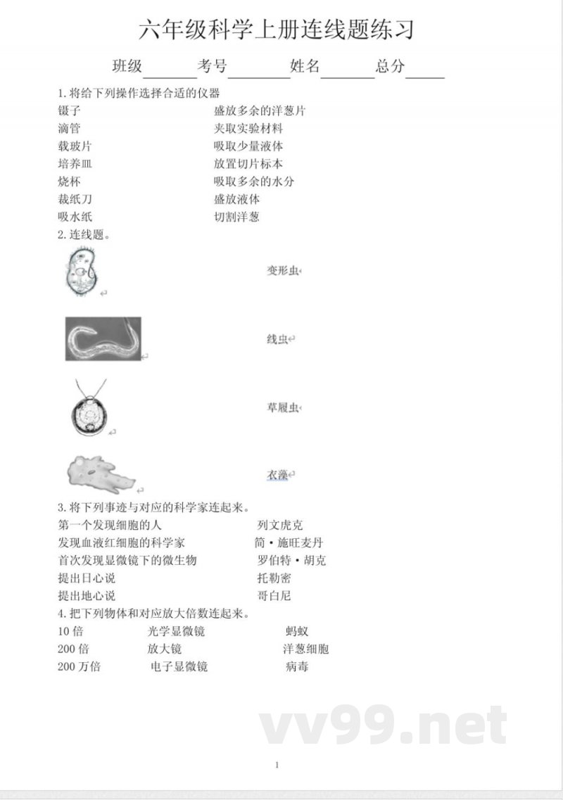 小学科学教科版六年级上册期末复习连线题专项练习(附参考答案)(2022秋 小学科学教科版六年级上册期末复习连线题专项练习(附参考答案)(2022秋